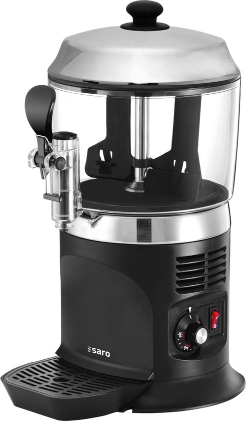 Zwarte Saro chocomelkdispenser van 5 liter met glazen reservoir, chromen deksel en tapkraan.