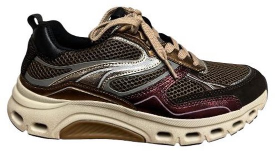 Bruine en beige Gabor Rollingsoft sneaker met rode metallic accenten en mesh. De zool is wit met perforaties.