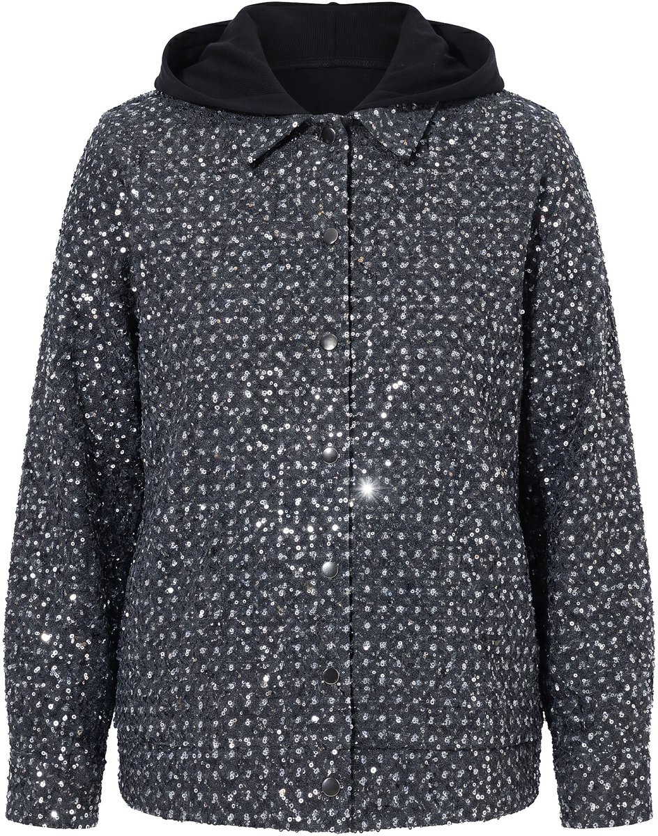 MIAMODA - Dames - Denim jasje black denim-look met pailletten - Zwart - Maat 42