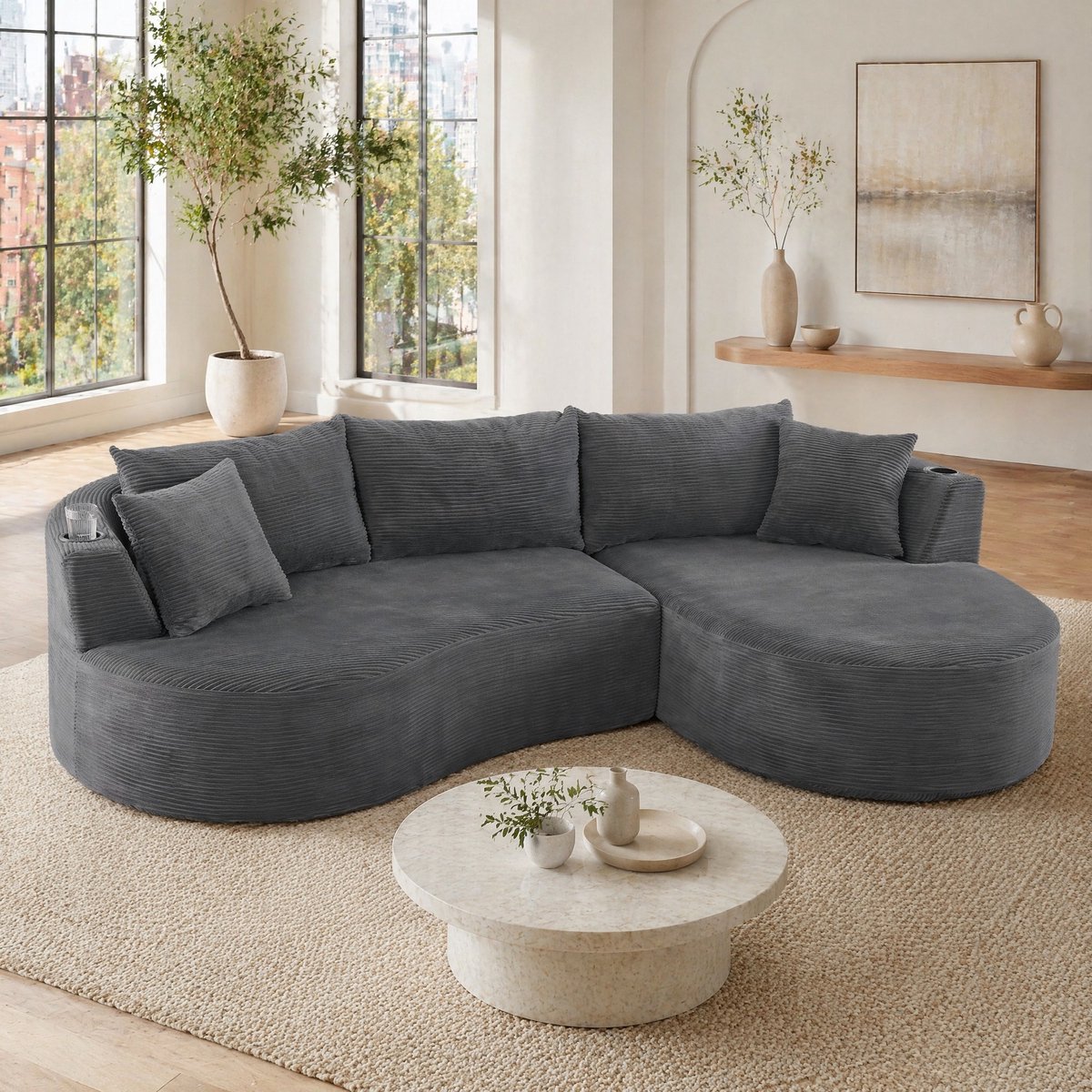 REDOM - Hoekbank - 3-zits - Rechter chaise longue - Bogenvormig design - Met bekerhouders en kussens - Kordstof - Grijs - 264 x 168 x 76 cm