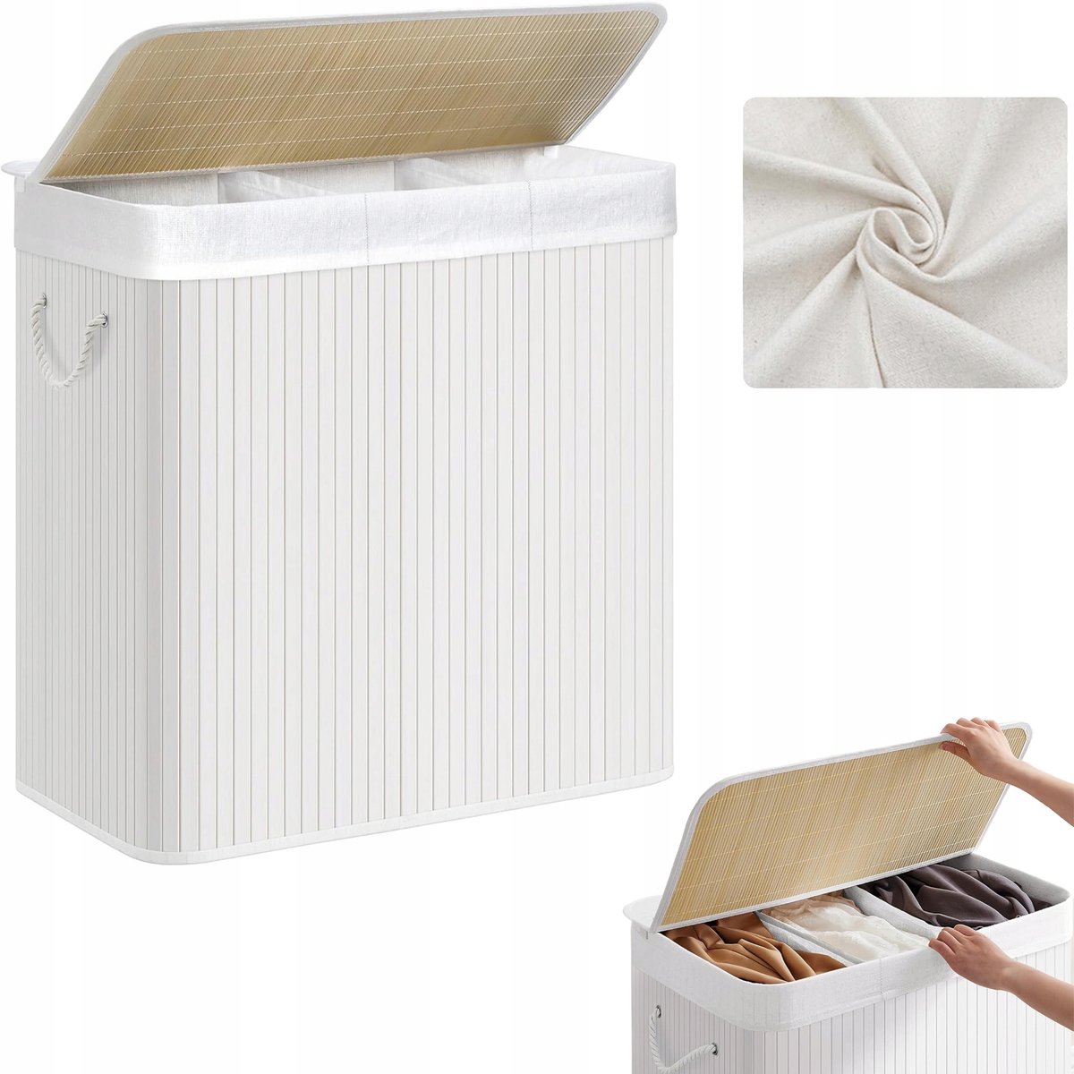 Bamboe wasmand met 3 vakken, wit, 150L