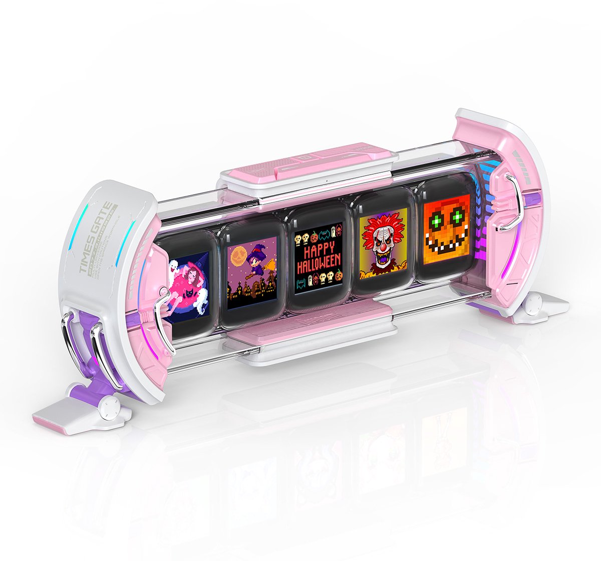 Divoom Times Gate WiFi Pixel Art Display – Cyberpunk Bureauklok met 5 LCD-schermen en RGB-verlichting - Pink