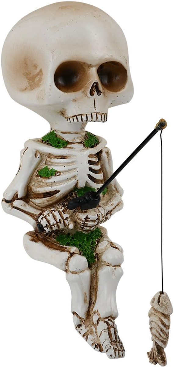 ds. distinctive style Vissen skelet standbeeld 10 cm mini schedel beeldjes Halloween gothic decor hars schattige schedel visser sculptuur voor buiten tuin vijver fontein zwembad