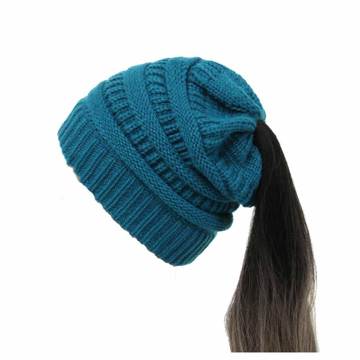 wol, gebreide muts, zachte stretch wintermuts met lus, vlechten en gat, slouch beanie, muts, grof gebreide gehaakte muts, warme muts voor dames en meisjes met lang haar