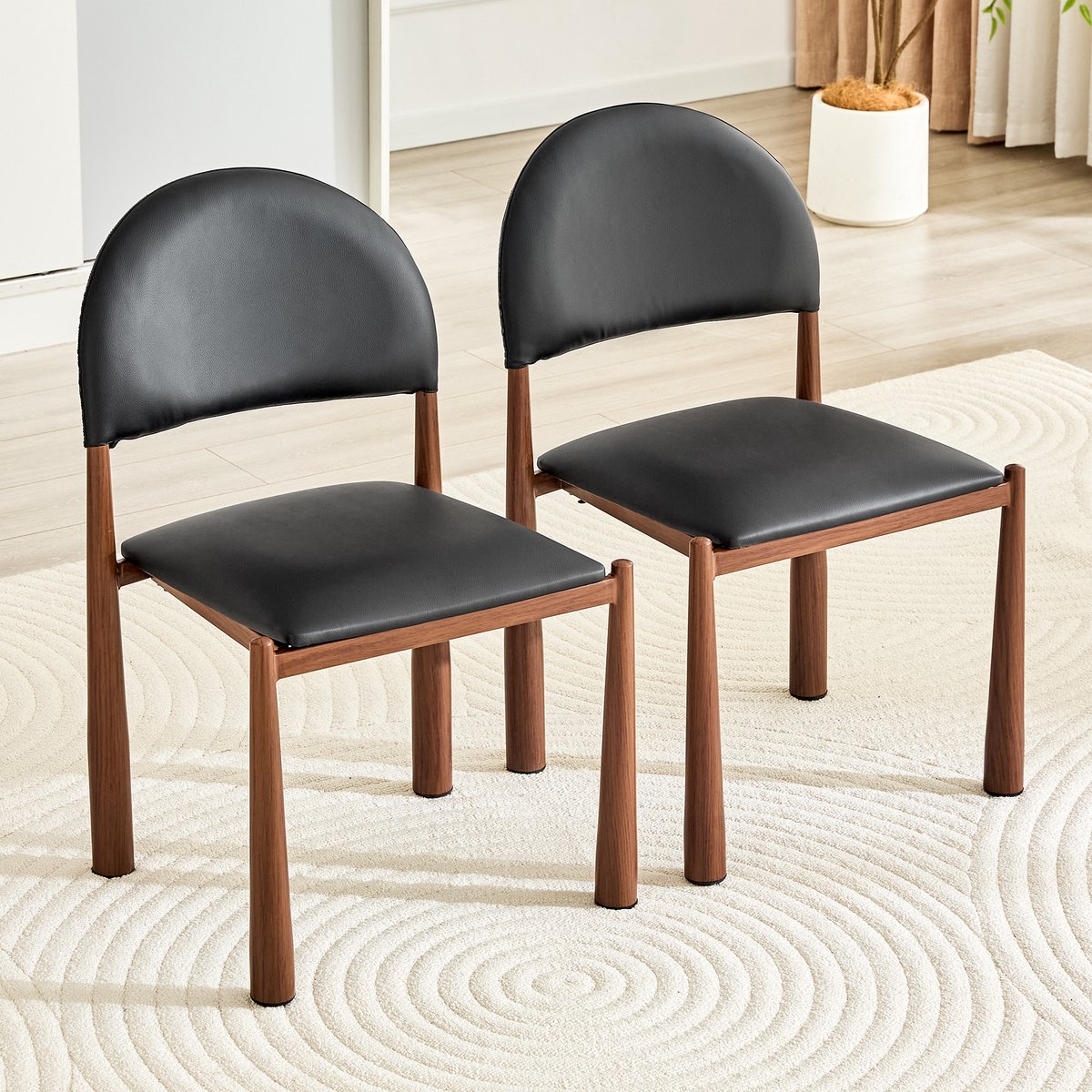 Eetkamerstoelen - Set van 2 - Moderne Eetkamerstoel Set - Gestoffeerde Eetkamerstoel - Halfronde Rugleuning - PU Leren Stoel - Keukenstoel - Woonkamerstoel - Eetkamerstoel met Metalen Poten - Stoel voor Eetkamer en Keuken - Zwart
