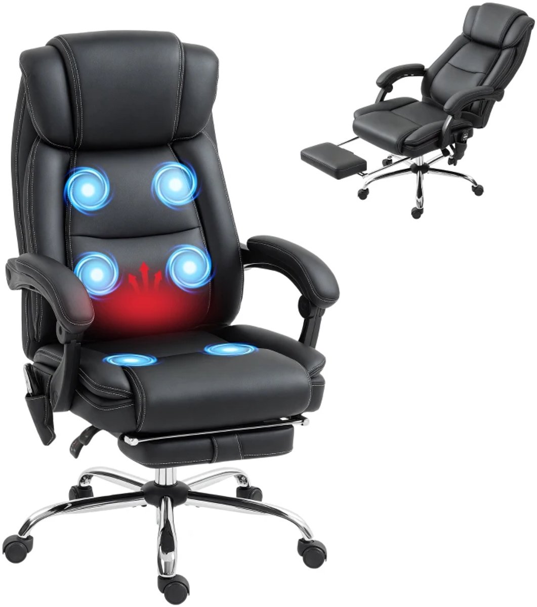 Ergonomische Bureaustoel met Massagefunctie, Verwarmingsfunctie & Voetensteun - In Hoogte Verstelbaar - Max. kanteling 135° - 360° Draaibaar - Kantoorstoel - Gamestoel - Volwassenen Stoel - Directiestoel - Computerstoel - Zwart