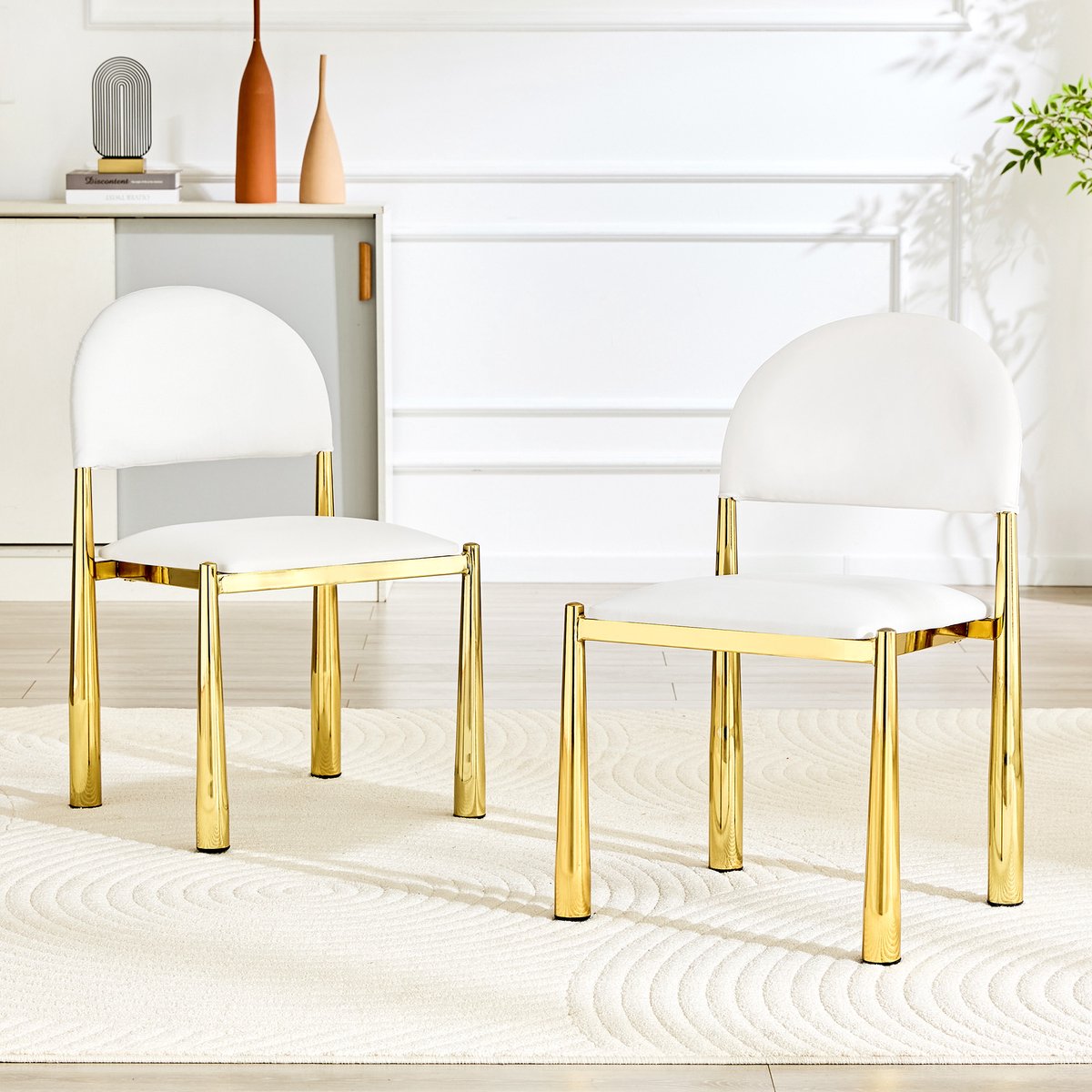 Eetkamerstoelen - Set van 2 - Moderne Eetkamerstoel Set - Gestoffeerde Eetkamerstoel - Halfronde Rugleuning - PU Leren Stoel - Keukenstoel - Woonkamerstoel - Eetkamerstoel met Metalen Poten - Stoel voor Eetkamer en Keuken - Wit