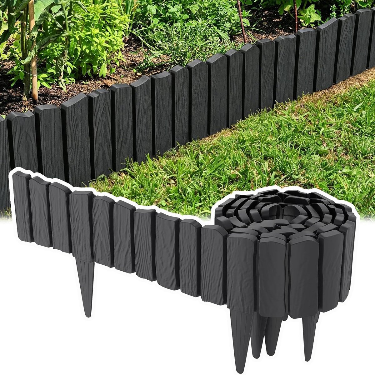 12 stuks gazonranden, kunststof, 57 x 23 cm, perkrand, tuinbedrand met 10,5 cm spike, houtlook, maairand, wortelblokkering, PP gazonrandband voor paden/gazons (totaal 6,9 m, antraciet)