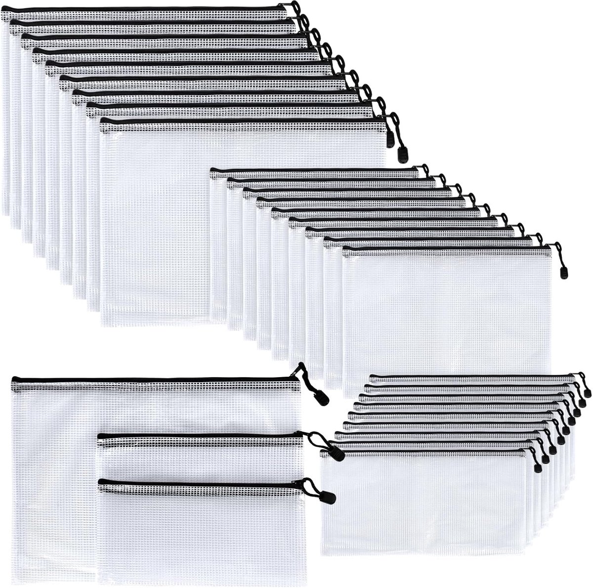 30 stuks zwarte en witte rasters, documententassenset met ritssluiting, pvc waterdichte mesh-vakken, vak met ritssluiting voor documenten, kwitantie, papier, examenblad en cosmetica