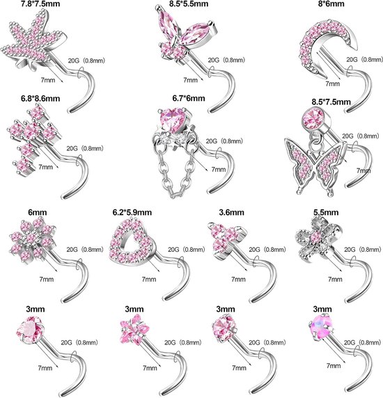 14 stuks 20 g neuspiercings voor dames, hanger, 14 K goud, zilver, roestvrij staal, neusstekers, L-S, kurkentrekker, piercing, hart, maan, neus, stud, nostril, piercing voor dames — afbeelding 5