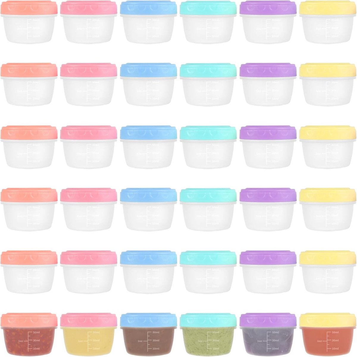 36 stuks kleine vriesdozen van 60 ml, kleine plastic dozen met deksel, 4,5 x 6 cm, Tupperblikjes voor opslag, oranje, roze, blauw, groen, paars, geel