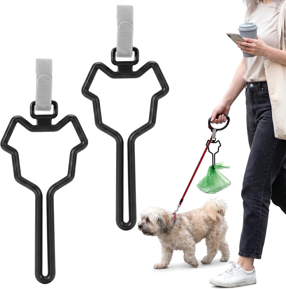 KZQ Poepzakhouder set van 2 stuks, handsfree bevestiging aan riem of fiets, veilige en praktische zakdispenser voor wandelen en hardlopen met de hond, compact en stevig in zwart