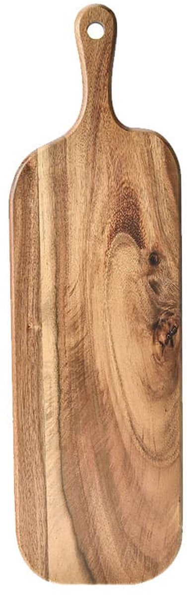 Snijplank van acaciahout met handvat, lang model, houten delicatessenplank, kaasplank, keukenbord, vlees, pizza