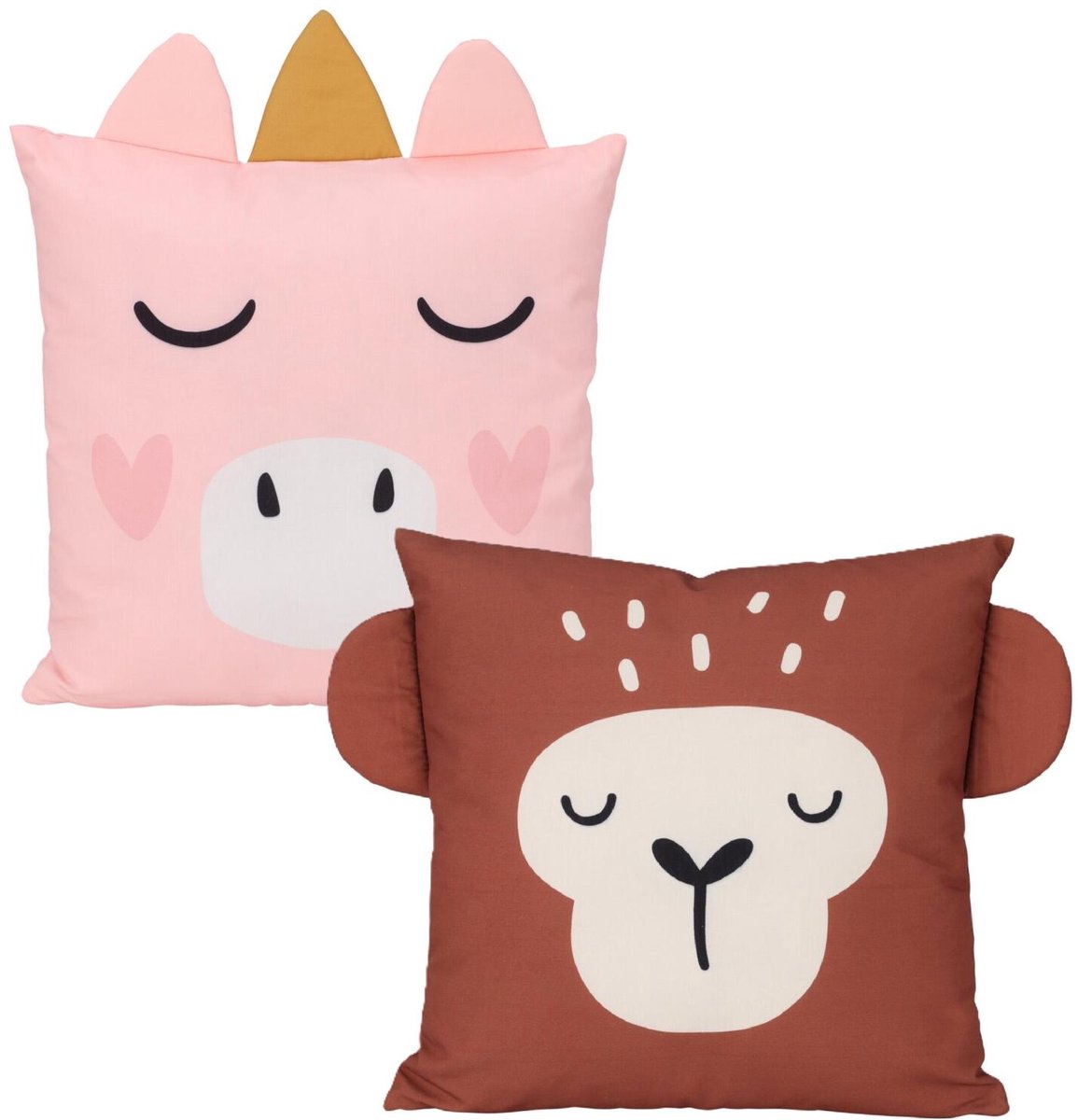 Home & Styling Dieren sierkussen set - 2x - kinderkamer - Aapje en eenhoorn - 40 x 40 cm - polyester