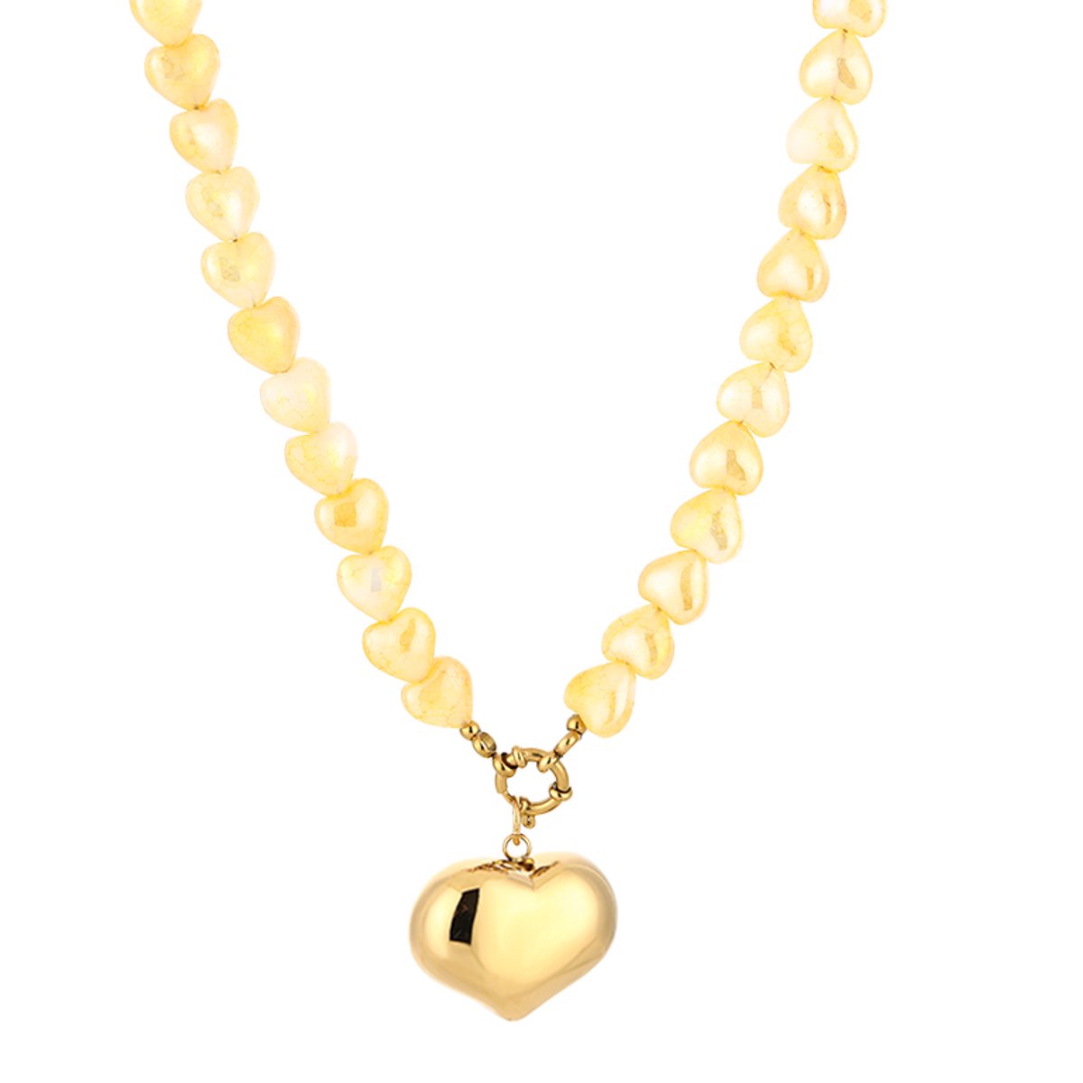 Heart Bead Heart Pendant Necklace – Kralen Ketting met Hart – RVS - Geel