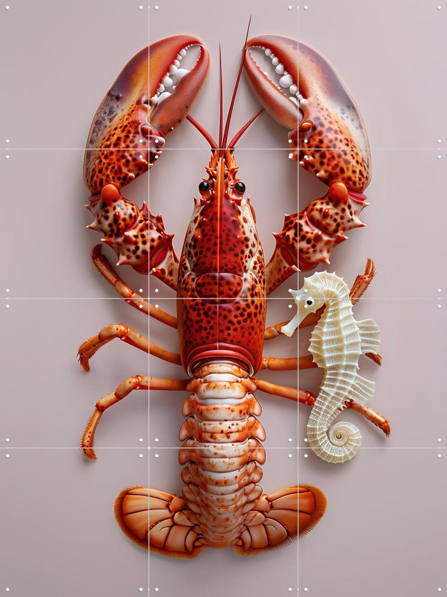 IXXI Red Lobster with Seahorse - Pastel Pink, OTTI - 60 x 80 cm - Gratis ophangtool - Grote wanddecoratie en posters - Kleurrijk, Speels, Keuken
