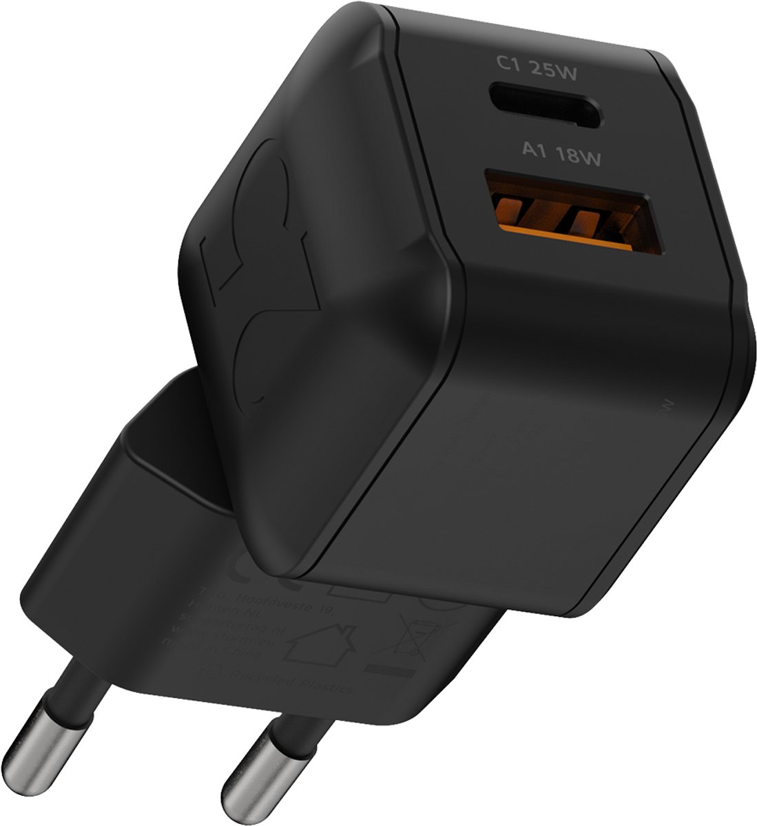 Xtorm USB-C Oplader 25W – USB-C Snellader – Telefoon Oplader – GaN³ – USB-C & USB-A – Zwart