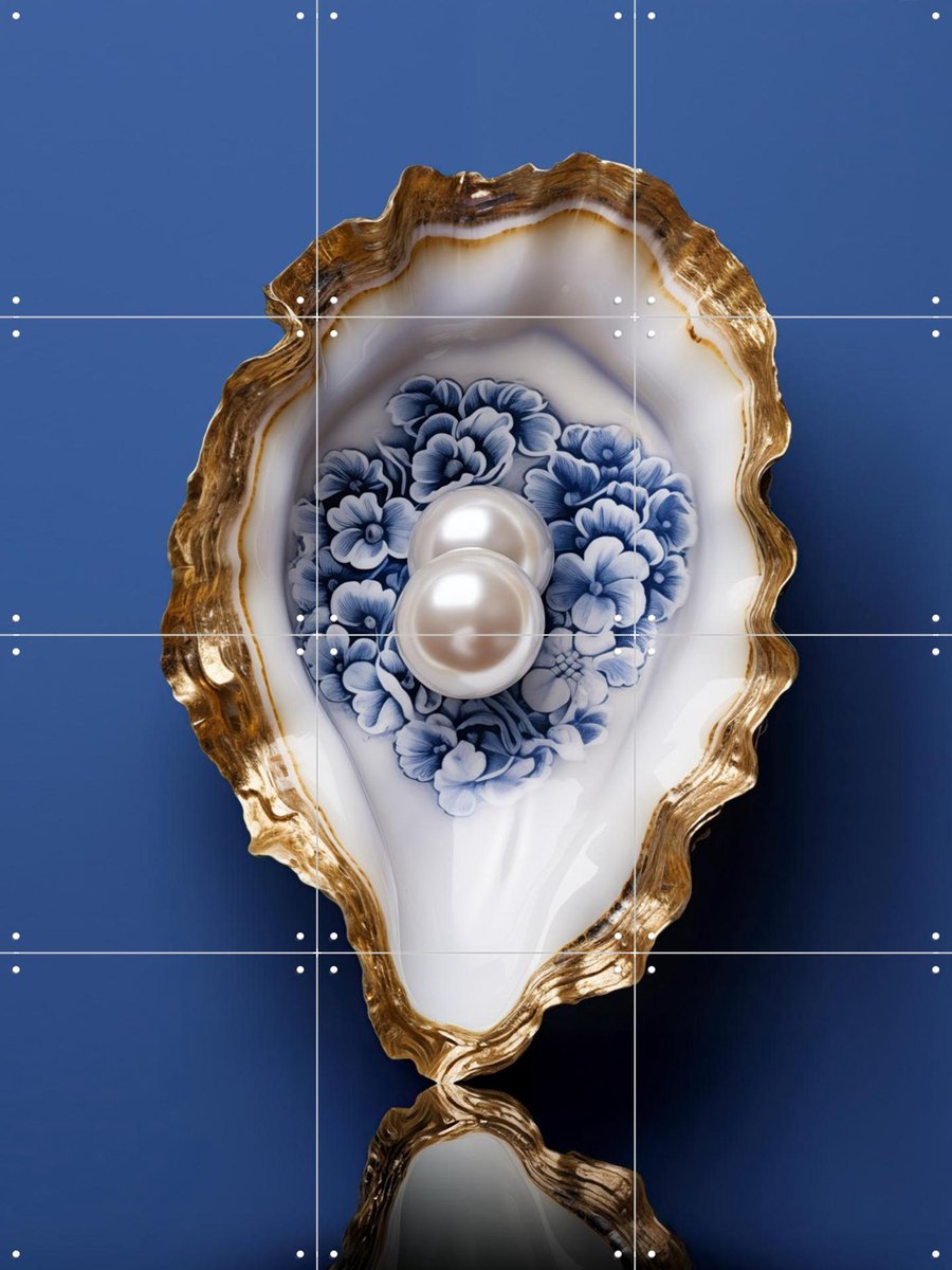 IXXI Delft Blue Oyster with Gold and Pearls, OTTI - 60 x 80 cm - Gratis ophangtool - Grote wanddecoratie en posters - Klassiek, Decoratieve kunsten