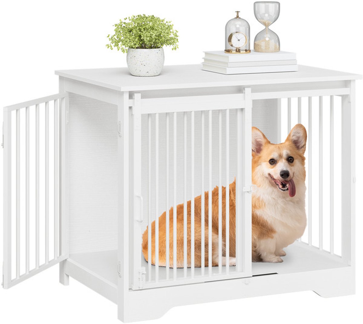 Hzuaneri 81cm Hondenbench, meubel, hondenbox, 2 deuren, modern hondenhok voor kleine, middelgrote honden, bijzettafel, hondenhuis voor thuis, 55 x 81 x 67,5,Wit