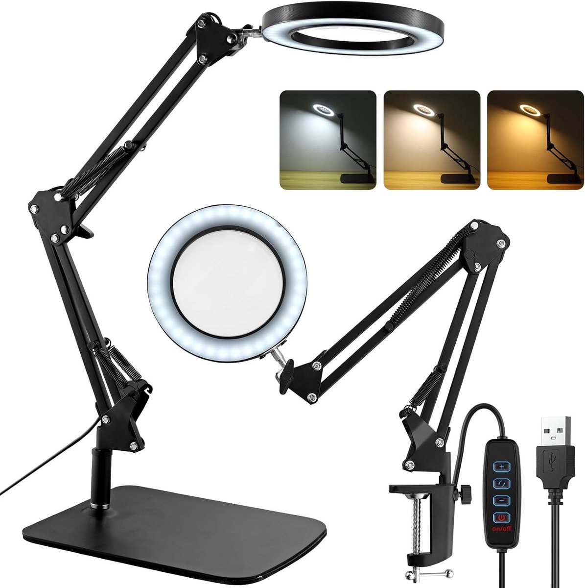 Vergrootglas met Licht - Zwart - 50 cm - Bureauvergrootlamp met Verstelbare Zwenkarm - Voor Hobby's en Werk