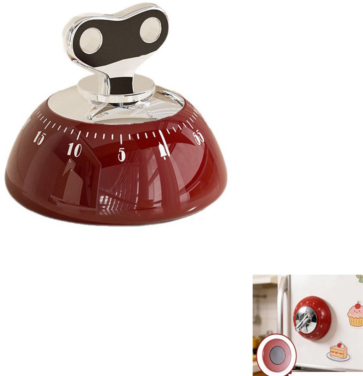 Magnetische mechanische timer - Timer met magneet - Batterijvrij - 7,6 x 6,5 cm - Geschikt voor koken, bakken, kantoorwerk en studeren - Rood
