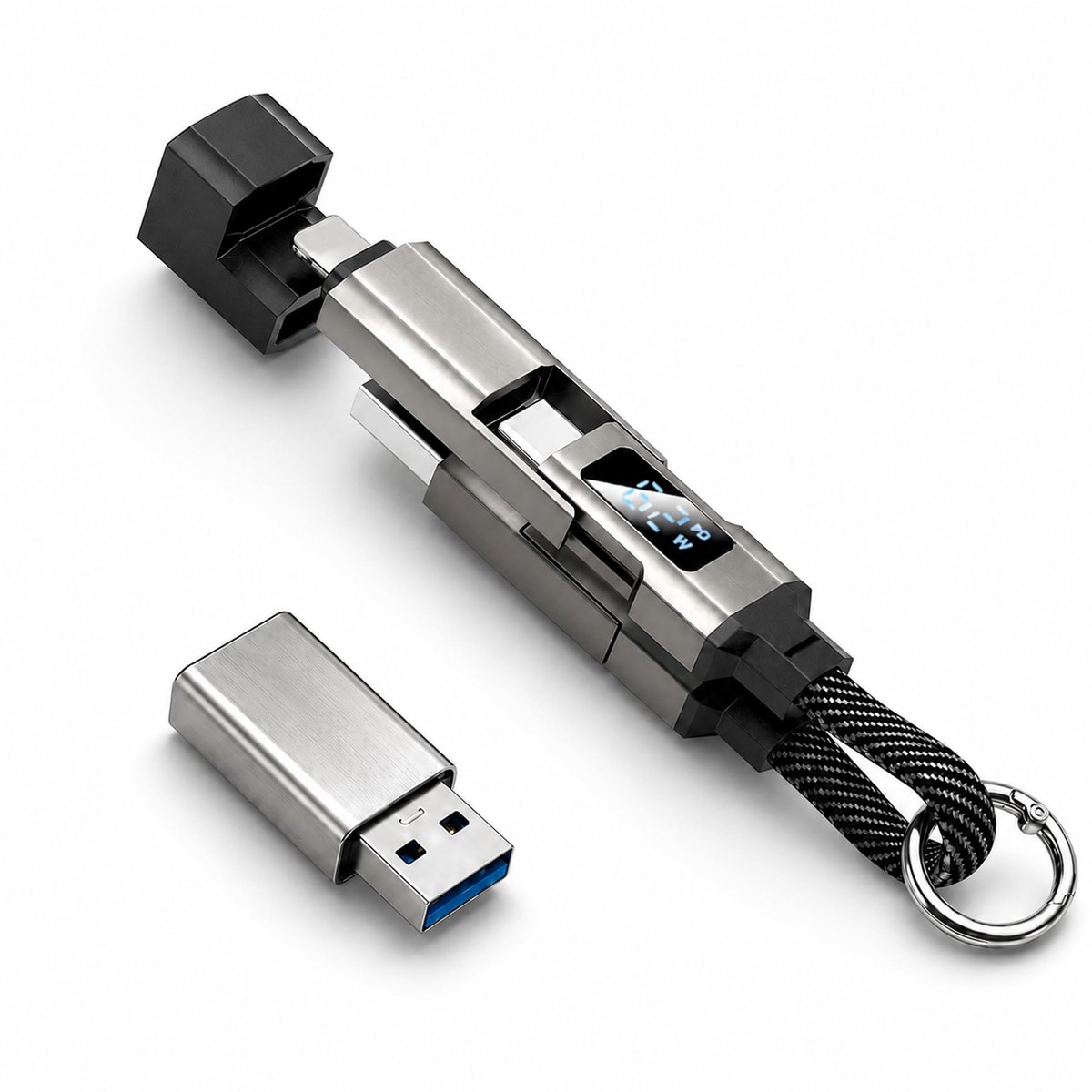 Namajunas - 4-in-1 sleutelhanger oplaadkabel - Zwart - Draagbaar -USB-C, Lightning & Micro-USB - Display - 180° draaibaar - Korte draagbare oplaadkabel - voor iPhone, iPad, Android & Laptop - voor Reizen, Zakenreizen en Kamperen