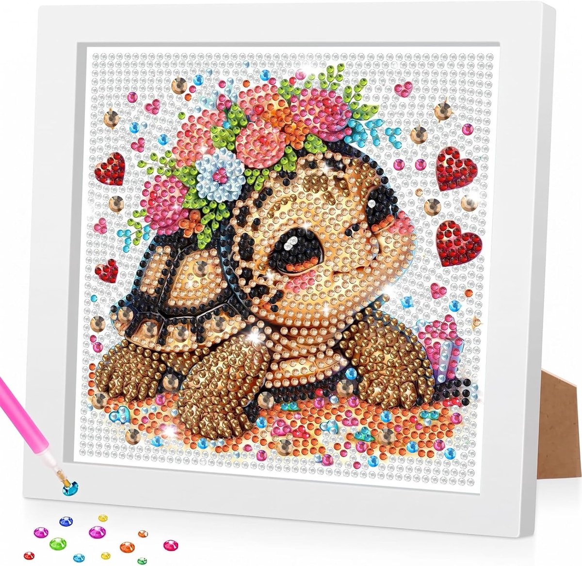 Schildpad Diamond Painting kinderen met lijst, 5D DIY Diamond Painting afbeeldingen kinderen dier, creatieve knutselset cadeau voor meisjes van 5-14 jaar, woondecoratie voor kinderkamer