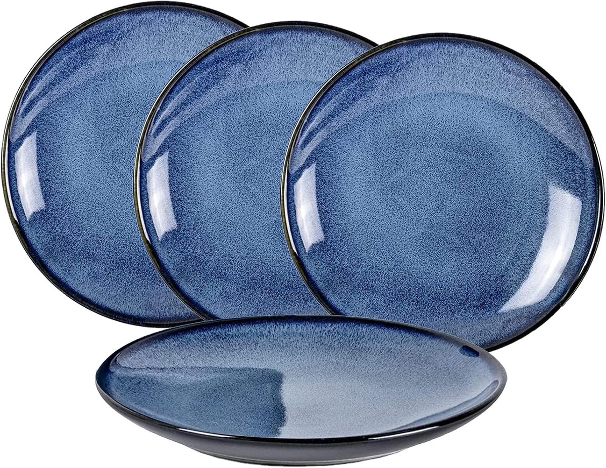 Diner borden, aardewerk glazuur keramiek tafelservies voor 4 personen, dessertborden / menuborden / tafelaccessoires blauw 26 cm - 4 stuks