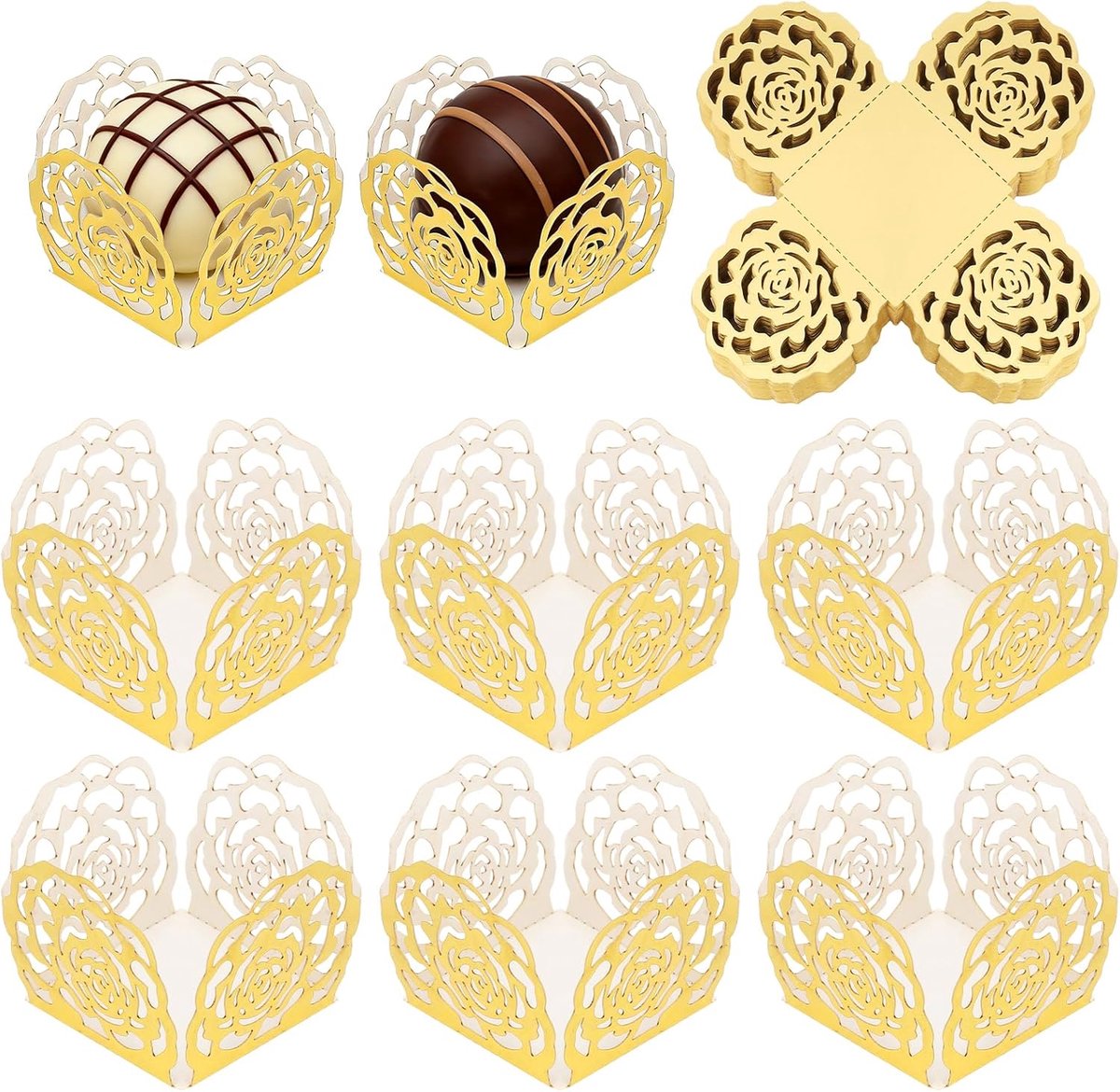 50 stuks bonbonvormpjes van papier, chocoladecapsules van papier, goudkleurig, mini opvouwbaar, voor decoratieve presentatie bij bruiloft, feest, verjaardag, cadeau