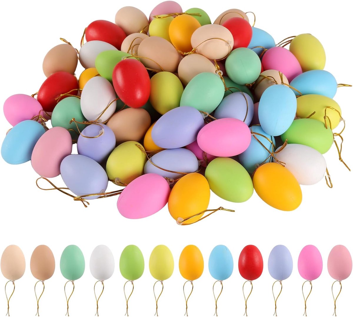 60 stuks decoratieve plastic paaseieren, 6 x 4 cm, 12 kleuren, plastic eieren om te knutselen, plastic eieren, decoratieve plastic paaseieren om op te hangen voor Pasen en lentedecoratie