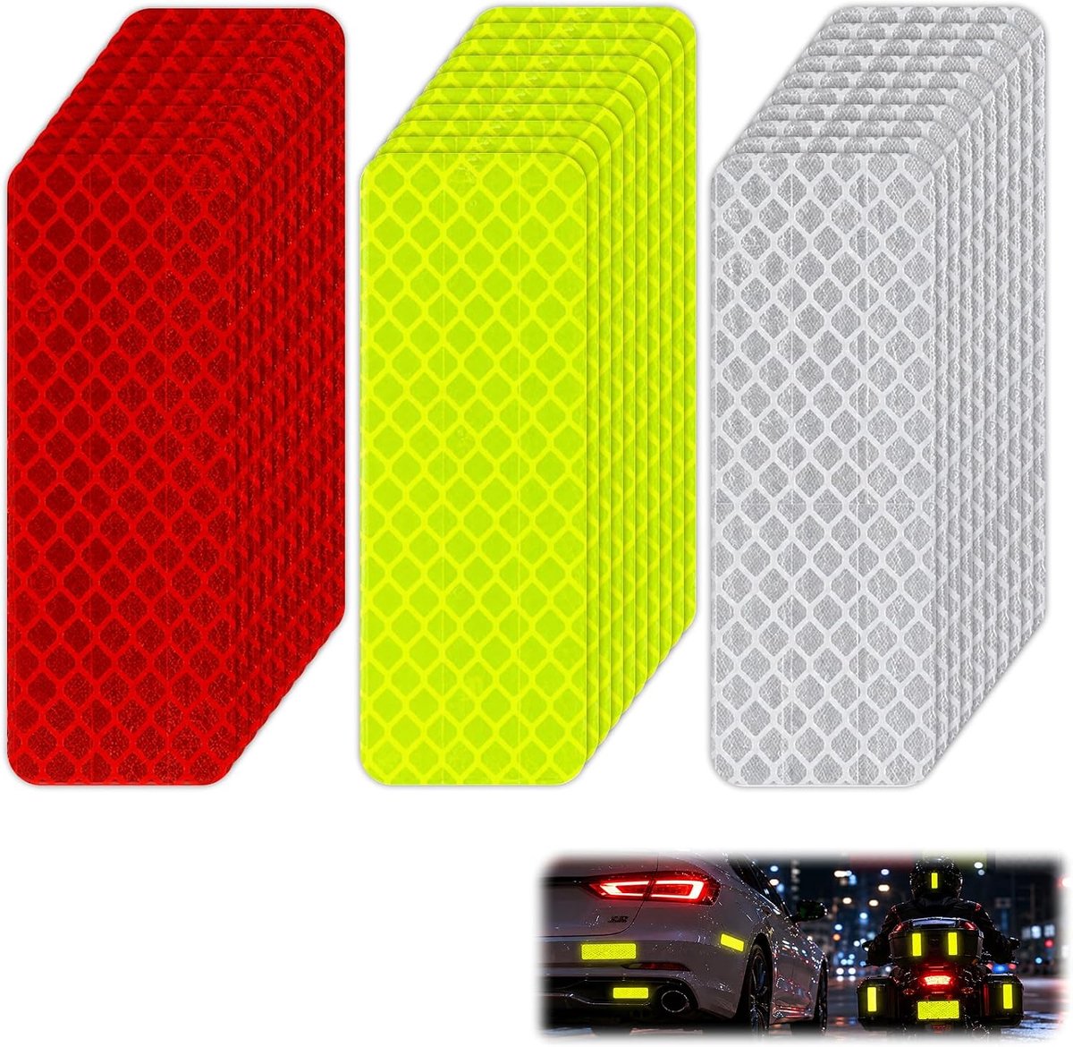 60 stuks reflecterende stickers, hoge zichtbaarheid, 3 x 8 cm, reflecterende stickers, zelfklevend, waterdicht, voor fiets, auto, motorhelm, scooter, banden en nachtveiligheid