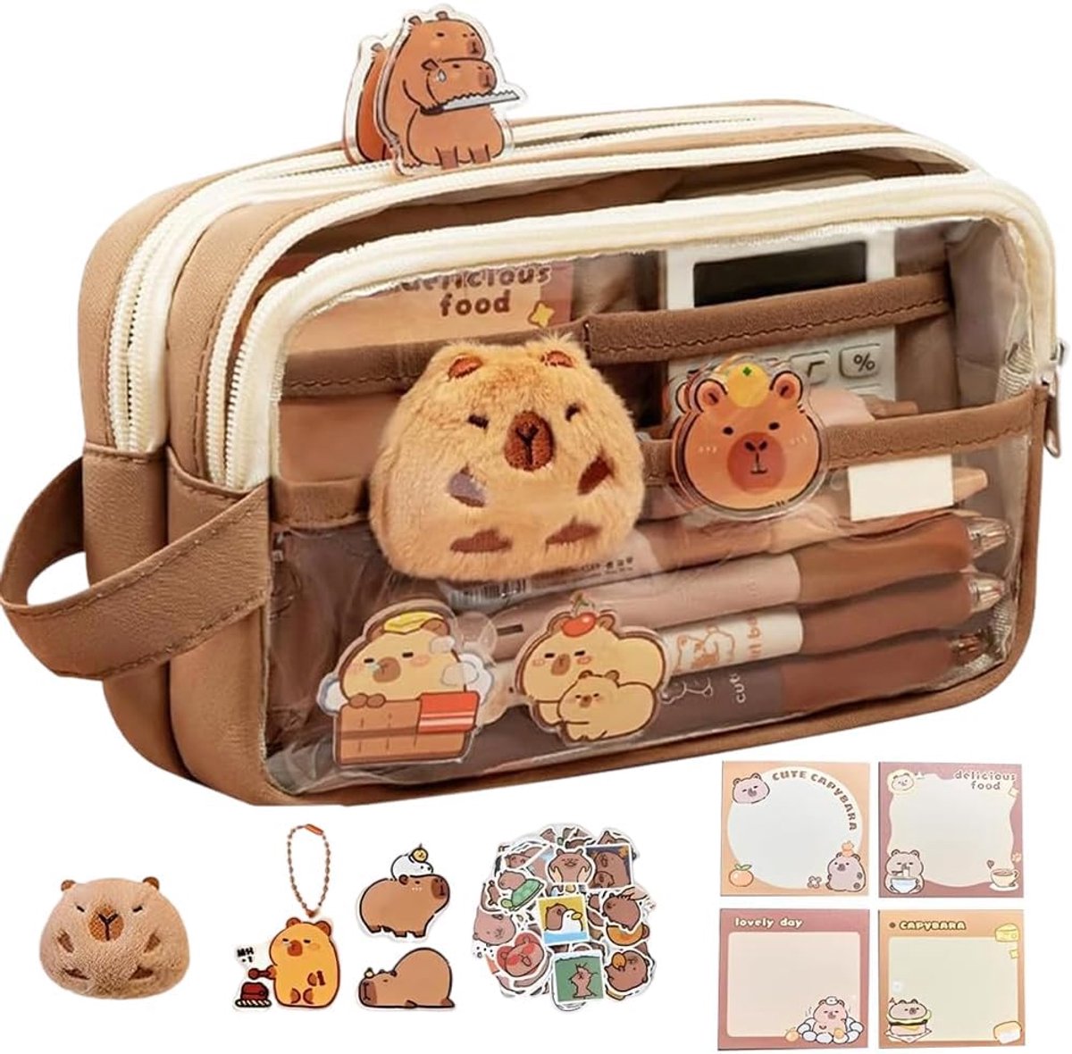 pennenbakjes, Capybara schrijfwarenset, Capybara meisjes met pop, opplakken, notities, pennen, sleutelhangers voor school, kantoor, kunst voor meisjes en jongens