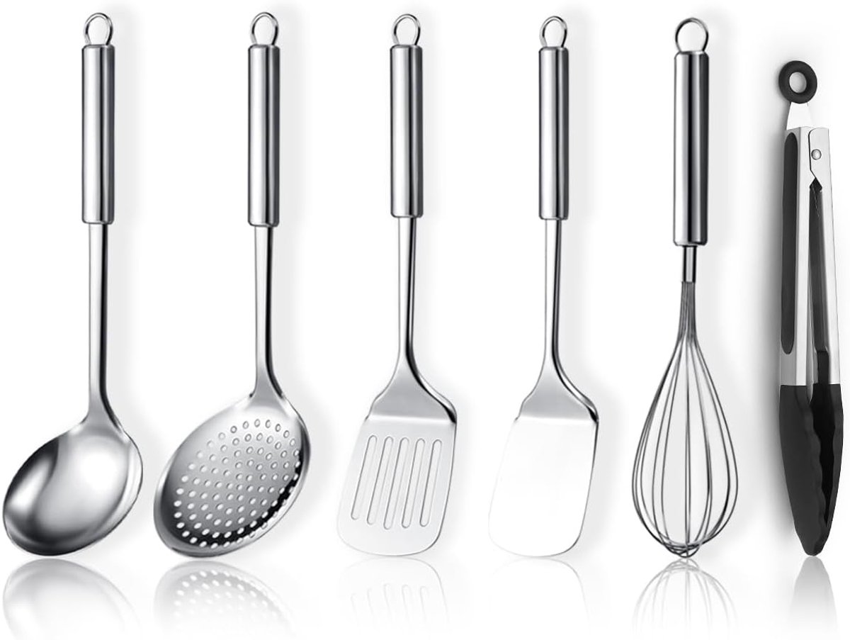 kookgerei set 6 stuks, keukengereedschap set inclusief metalen spatel set, schuimspaan, pollepel, tang, garde, keuken gadgets essentials nieuw huis must have