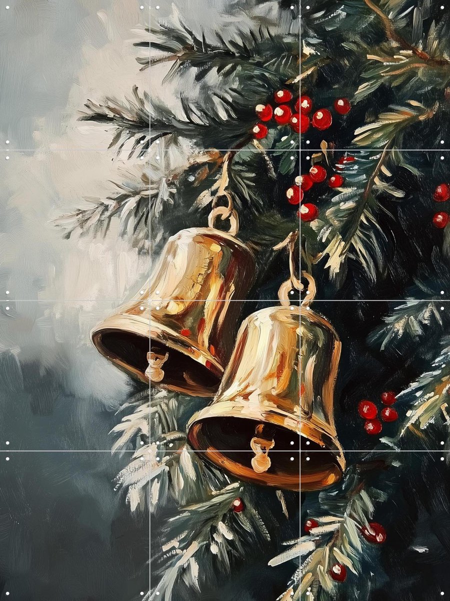 IXXI Christmas Golden Bells, Melloi Art & Various - 60 x 80 cm - Gratis ophangtool - Grote wanddecoratie en posters - Olieverf, Realisme, Woonkamer