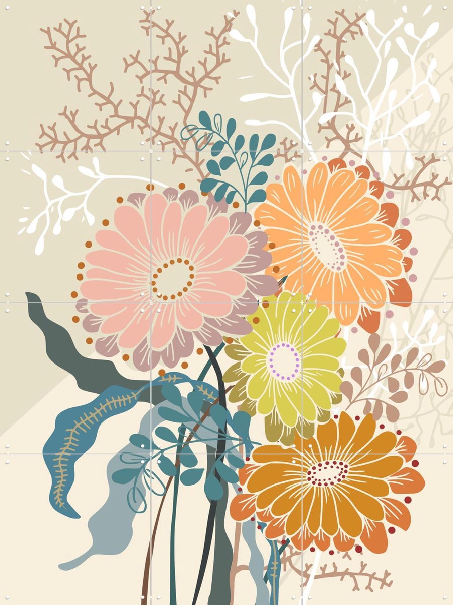 IXXI Springtime Daisies Earthy Tones, Annick & Various - 60 x 80 cm - Gratis ophangtool - Grote wanddecoratie en posters - Illustraties, Slaapkamer