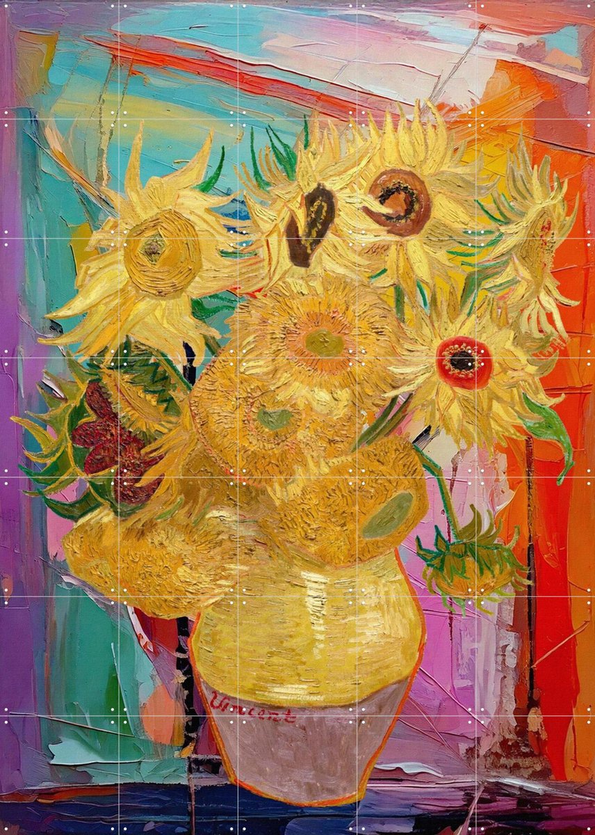 IXXI Zonnebloemen, Moonheart Artworks - 100 x 140 cm - Gratis ophangtool - Grote wanddecoratie en posters - Kwaststreken, Eetkamer, Woonkamer