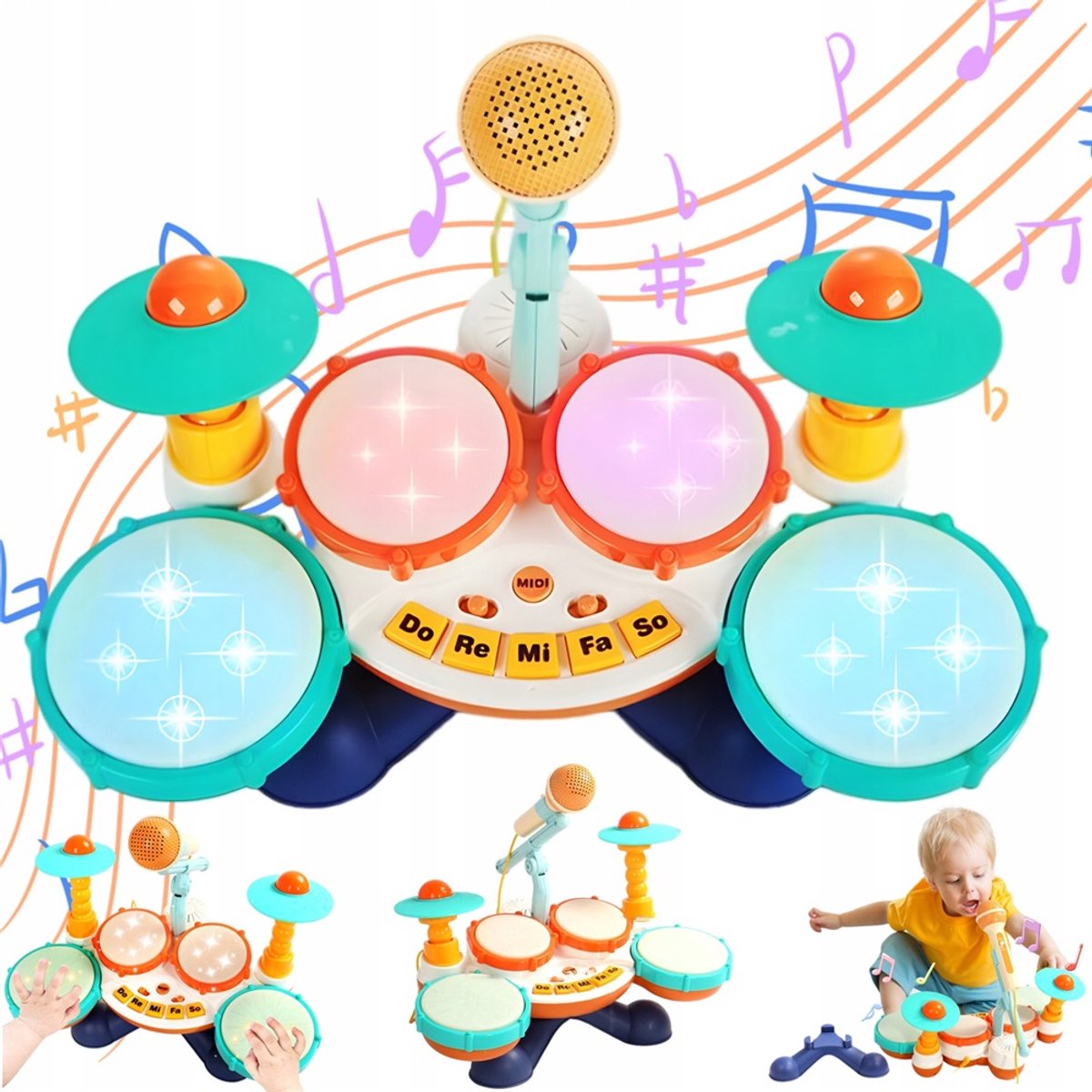 Drumstel voor Kinderen - Speelgoed Drumset - Muziekinstrumenten Set - 4 Drums & 2 Bekkens & Piano - Licht en Geluid - Montessori - Voor Kinderen 1-3 Jaar - Educatief Speelgoed