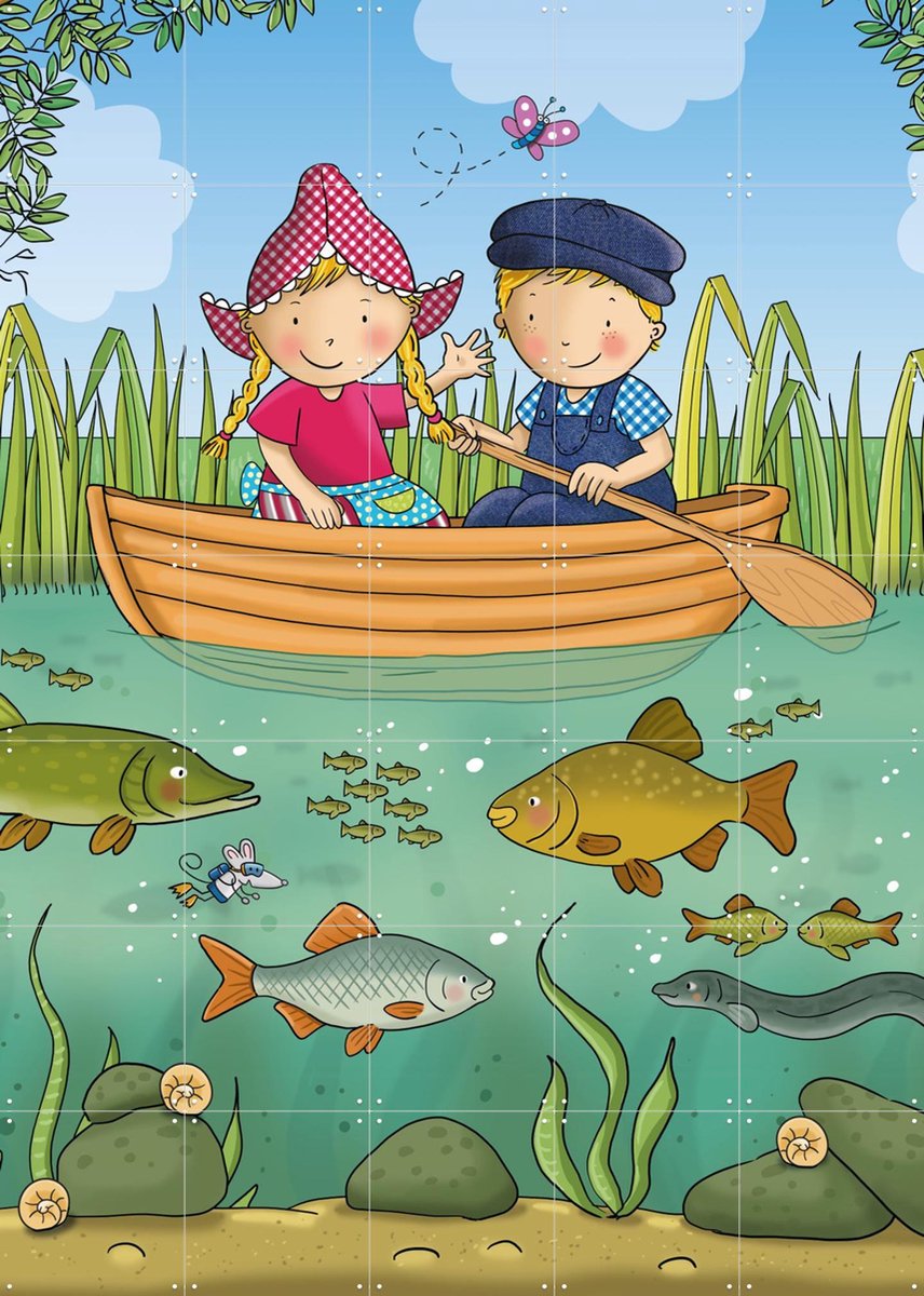 IXXI Fien & Teun varen tussen de visjes, Fien & Teun & Van Hoorne Studios - 100 x 140 cm - Gratis ophangtool - Grote wanddecoratie en posters -
