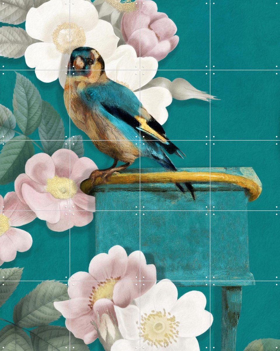 IXXI A Goldfinch On Teal, Marja van den Hurk - 80 x 100 cm - Gratis ophangtool - Grote wanddecoratie en posters - Naturalisme, Speels, Fantasierijk