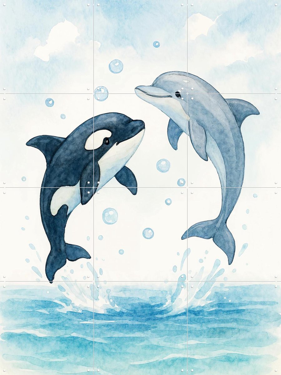 IXXI Dolfijn en Orka Spelen Samen in de Zee, Natalie Bruns - 60 x 80 cm - Gratis ophangtool - Grote wanddecoratie en posters - Fantasierijk, Aquarel