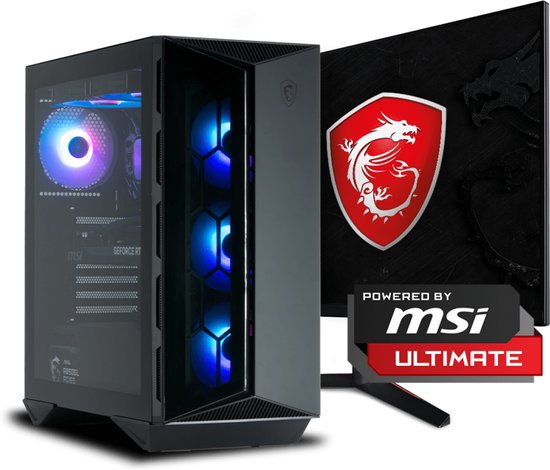 MSI gaming PC met RGB-ventilatoren en MSI-monitor met drakenlogo.