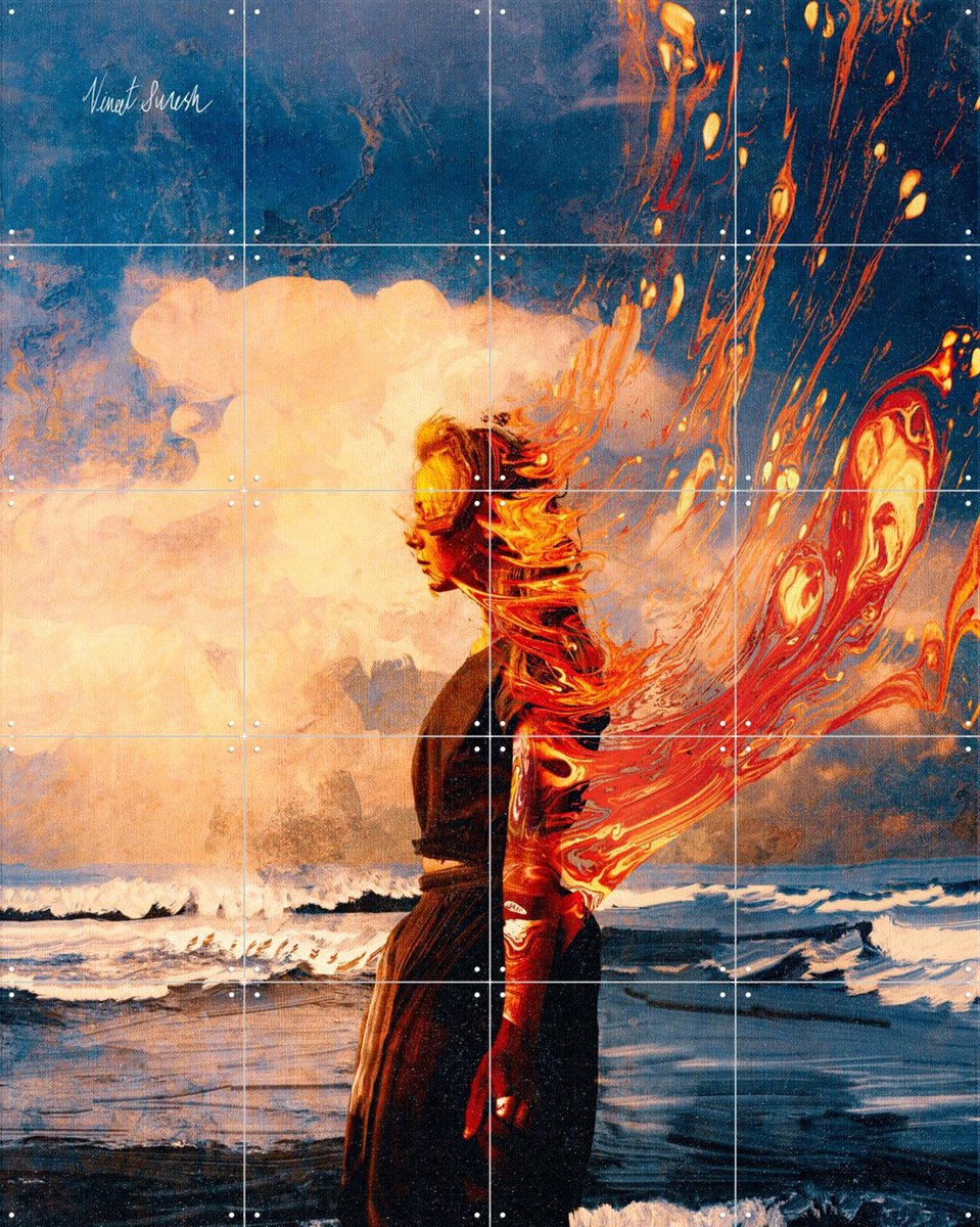 IXXI Burning By The Sea, Vineet Suresh - 80 x 100 cm - Gratis ophangtool - Grote wanddecoratie en posters - Modern, Kleurrijk, Surrealisme