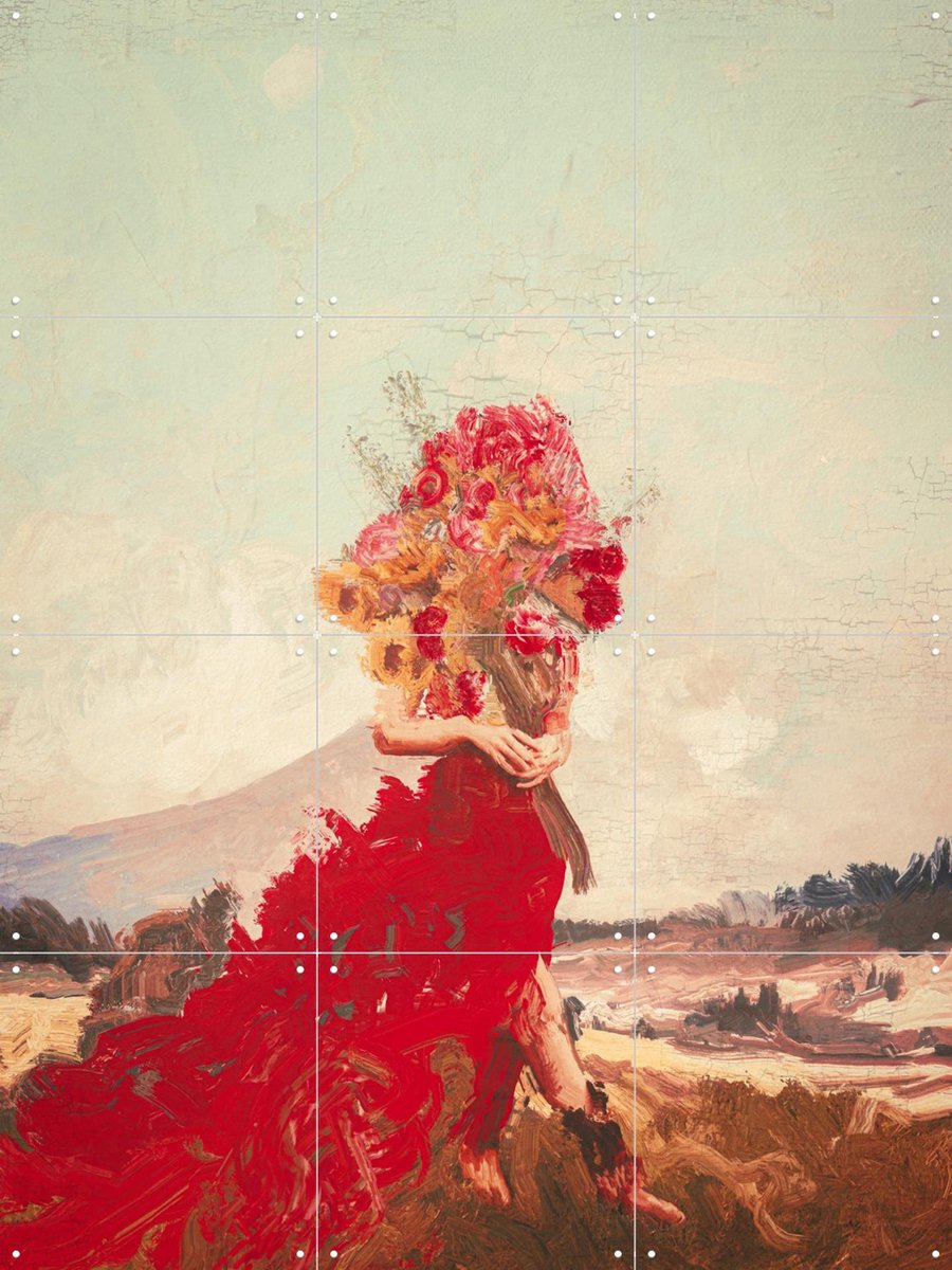IXXI Girl With Flowers In Field, Vineet Suresh - 60 x 80 cm - Gratis ophangtool - Grote wanddecoratie en posters - Olieverf, Kleurrijk, Speels