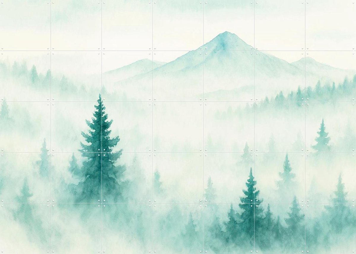IXXI Berglandschap in de mist, Natalie Bruns - 140 x 100 cm - Gratis ophangtool - Grote wanddecoratie en posters - Aquarel, Gang, Woonkamer
