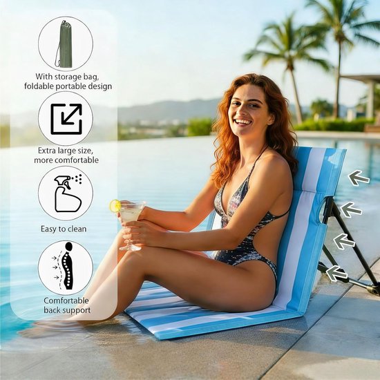 Strandstoel Opvouwbaar - opvouwbare kampeerstoel - Vloerstoel Inklapbaar met Rugleuning - met opbergtas - Campingstoel - Vouwstoel / kussen - Strandmat - Picknick - Strandstoelen - Strandmatten - ligbed - Klapstoel - Ligstoel - Blauw-witte strepen — afbeelding 5