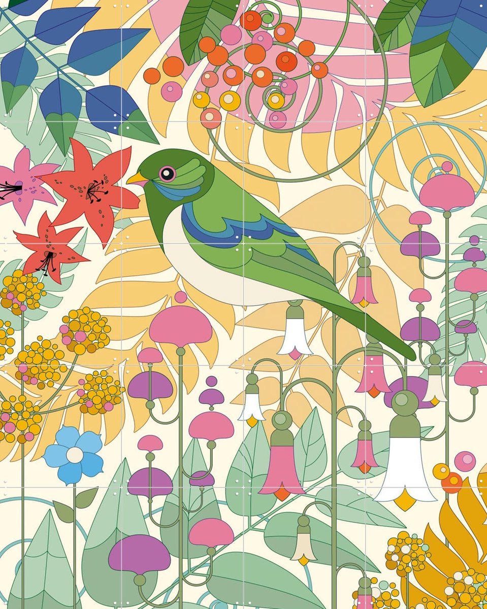 IXXI Evening Bird with Flowers, Bo Lundberg - 80 x 100 cm - Gratis ophangtool - Grote wanddecoratie en posters - Kleurrijk, Speels, Modern, Badkamer