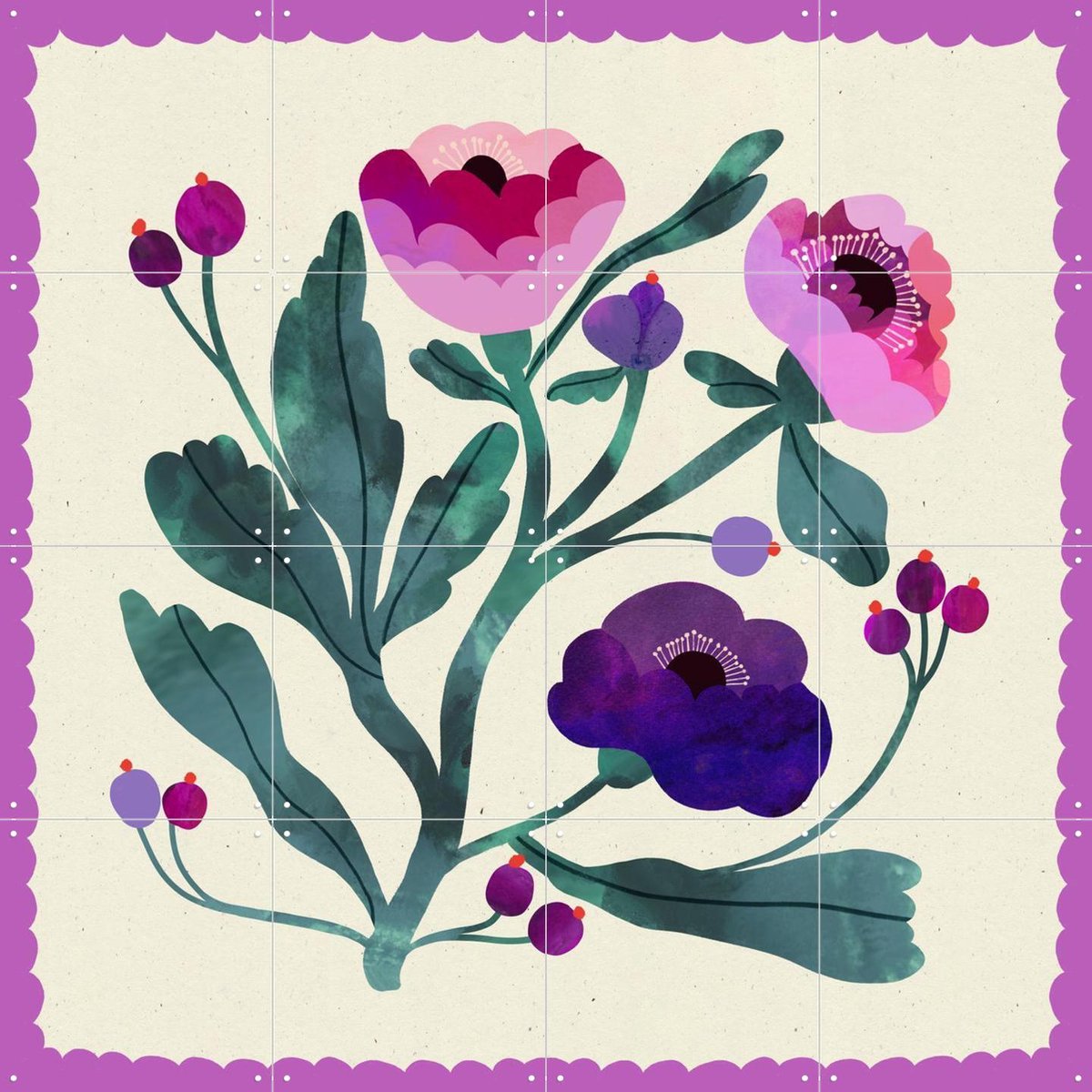 IXXI Violet Flower, Lena Addink - 80 x 80 cm - Gratis ophangtool - Grote wanddecoratie en posters - Illustraties, Fantasierijk, Speels, Woonkamer