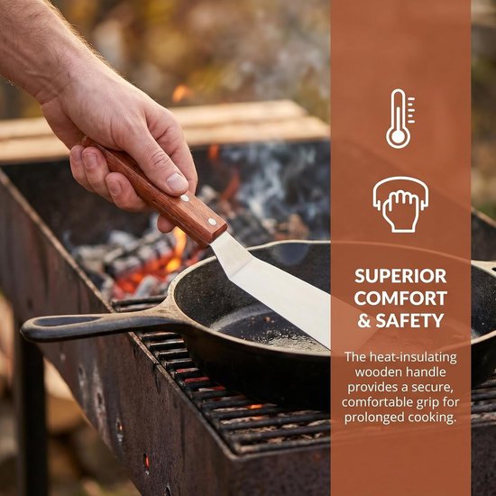 Spatels van roestvrij staal met houten handvat, spatel voor frituren, grillbenodigdheden, teppanyaki, pizzaschep steak, set met gat, glad — afbeelding 4