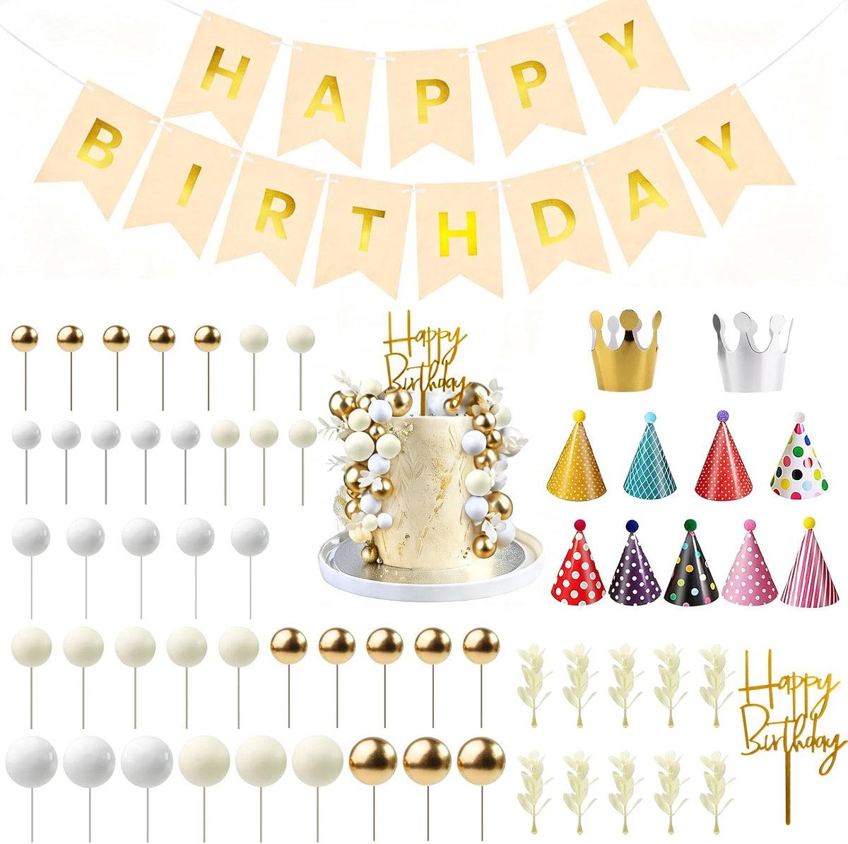 taartdecoratieset, 62 stuks, taarttoppers, geschikt voor levensmiddelen | Happy Birthday topper, feesthoeden en banner, voor verjaardag meisjes, babyshower, bruiloft