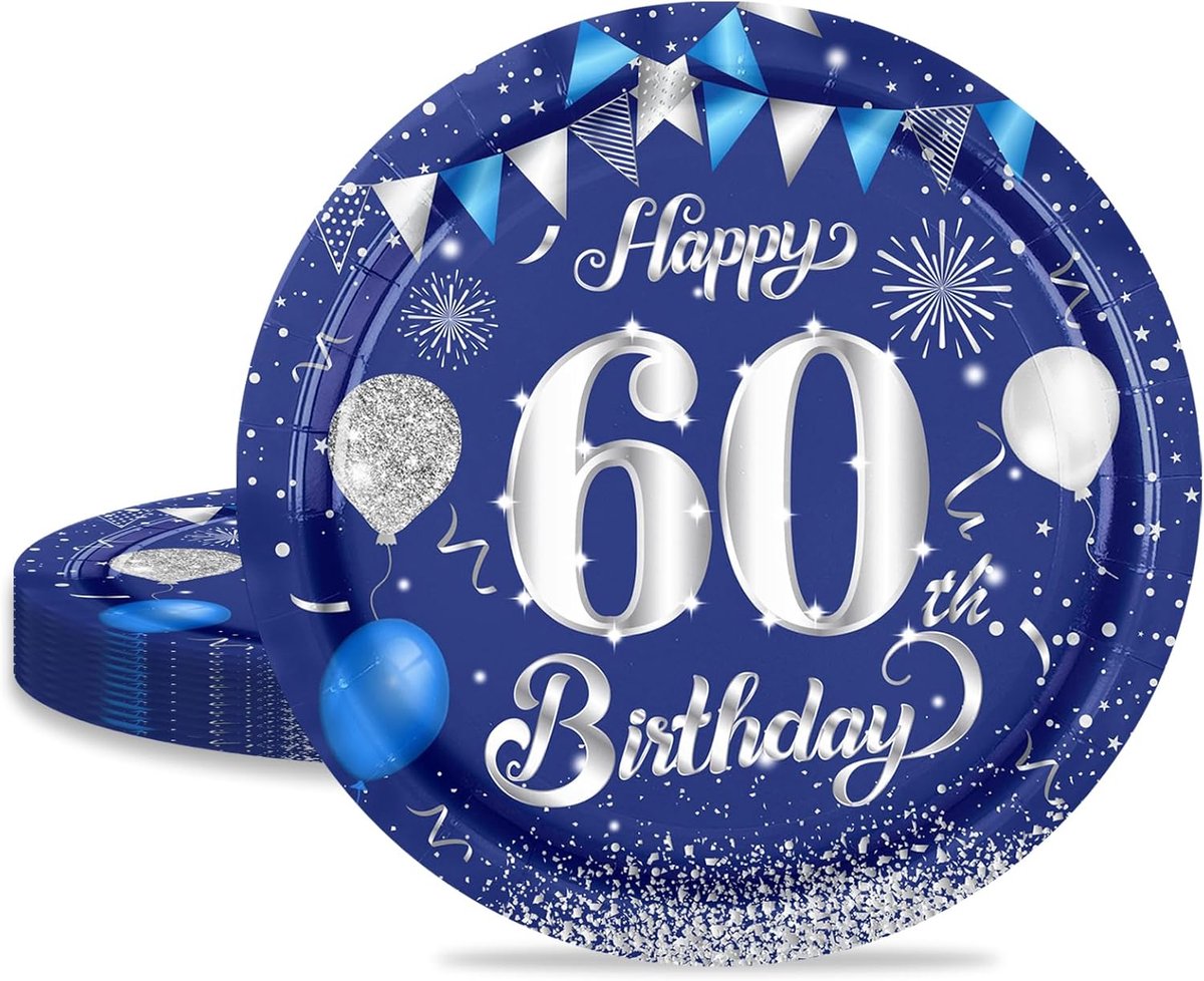 borden voor 60e verjaardag, 16 stuks blauw met zilveren papieren borden voor mannen en vrouwen 60e verjaardagsfeestje, 7 inch/18 cm papieren borden voor 60e verjaardag